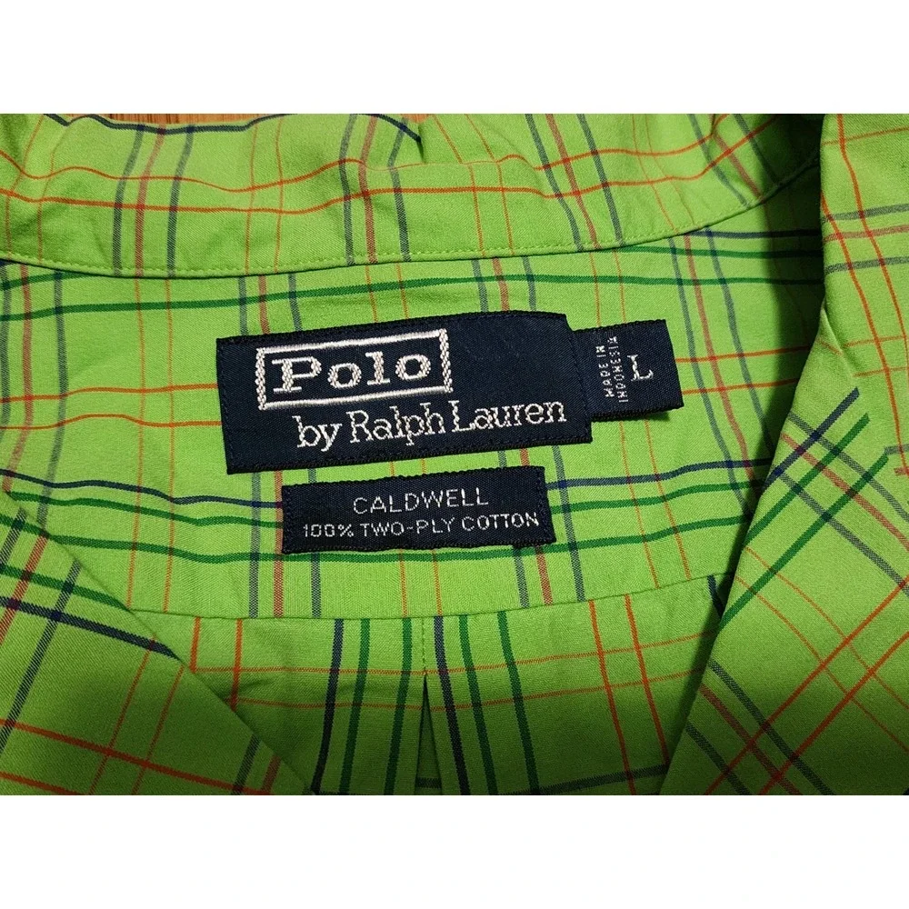Vintage Polo Ralph Lauren Caldwell Camp Shirt Mens L Green Plaid Loop Collar